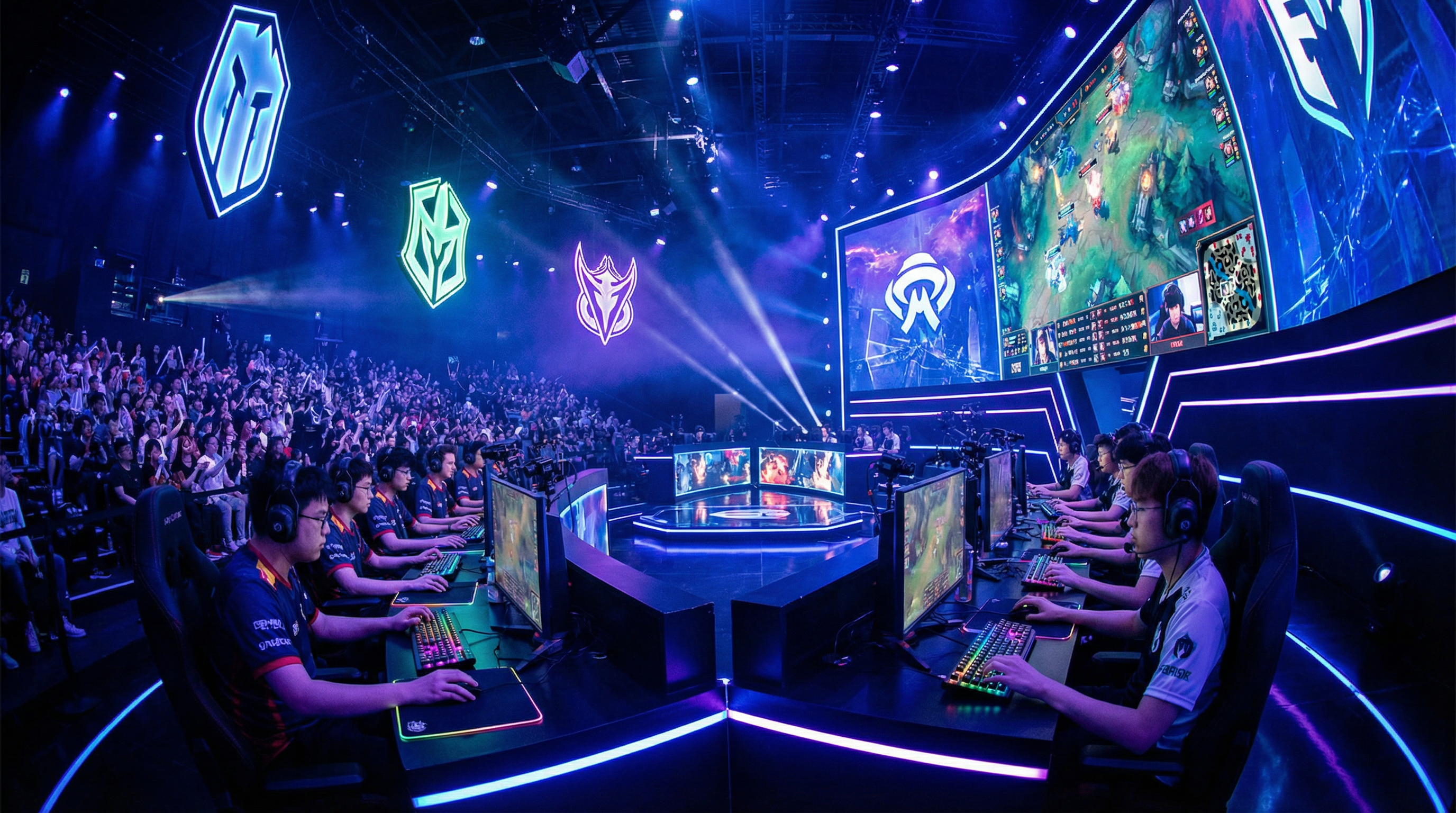 电竞比赛现场，选手激烈对战